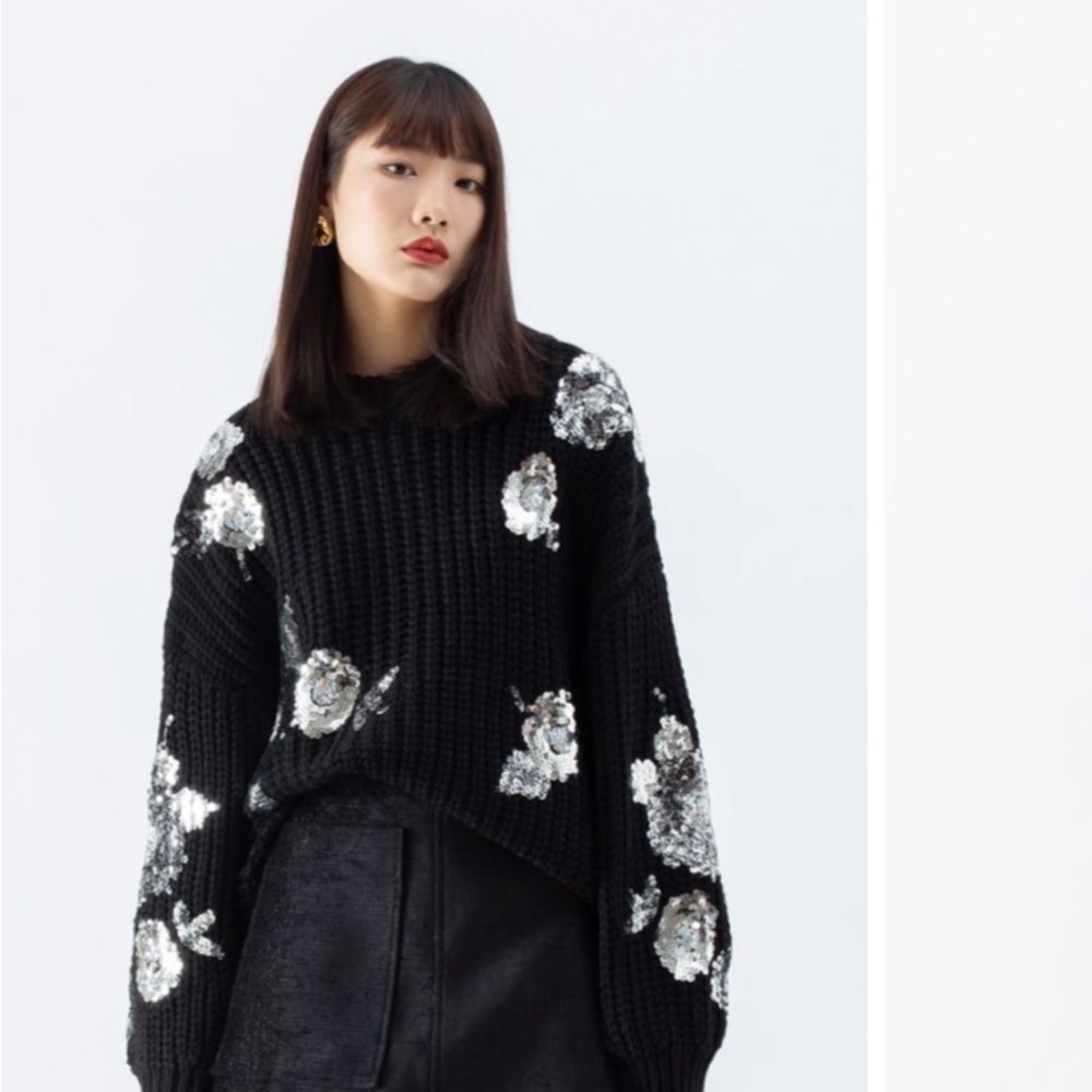 ChicWish sequin floral chunky ribbed sweater in black.